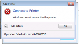 Ошибка 0х00000057 при установке принтера